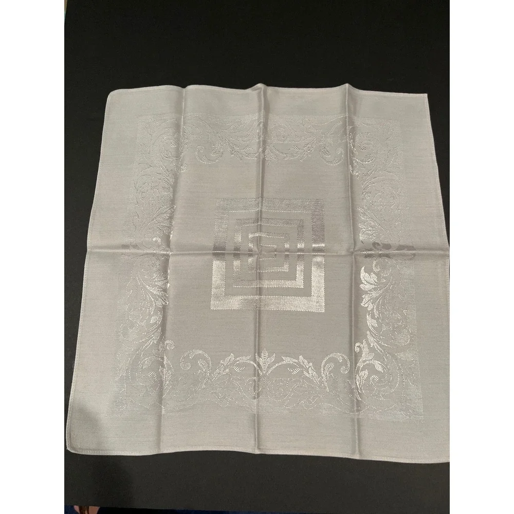 Set of 6 lt. gray Damask Cloth Napkins Scroll Border Greek Key Center 16.5x16.5